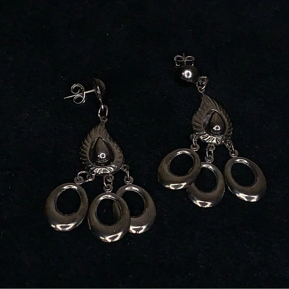 Vintage Rare Dark Silver Chrome Earrings Art Deco Dangle Chandelier Style Mod